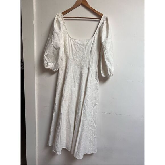 STAUD Women's White Swells Linen Blend Midi Fit & Flare Dress Size 12 NWOT - Picture 3 of 8